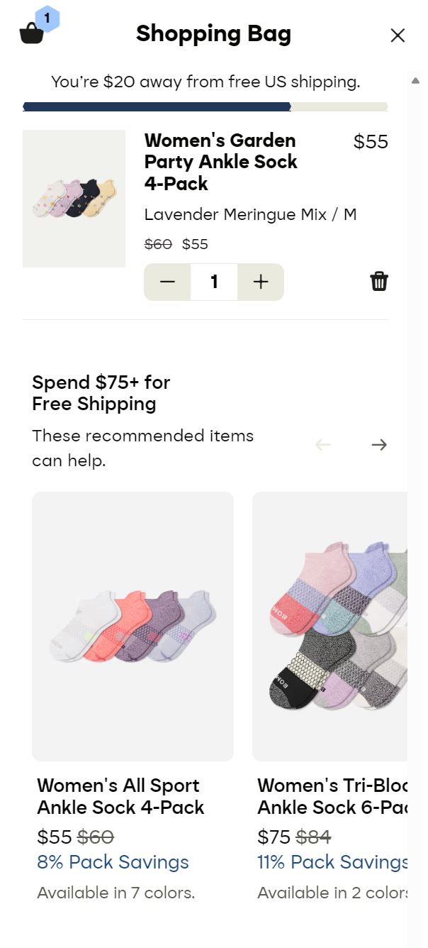 Shopify product recommendations: A shopping bag screen showing a 4-pack of lavender mix women’s ankle socks on sale for $55, with a note about free shipping at $75. Below are recommended sock packs in different colors and styles.