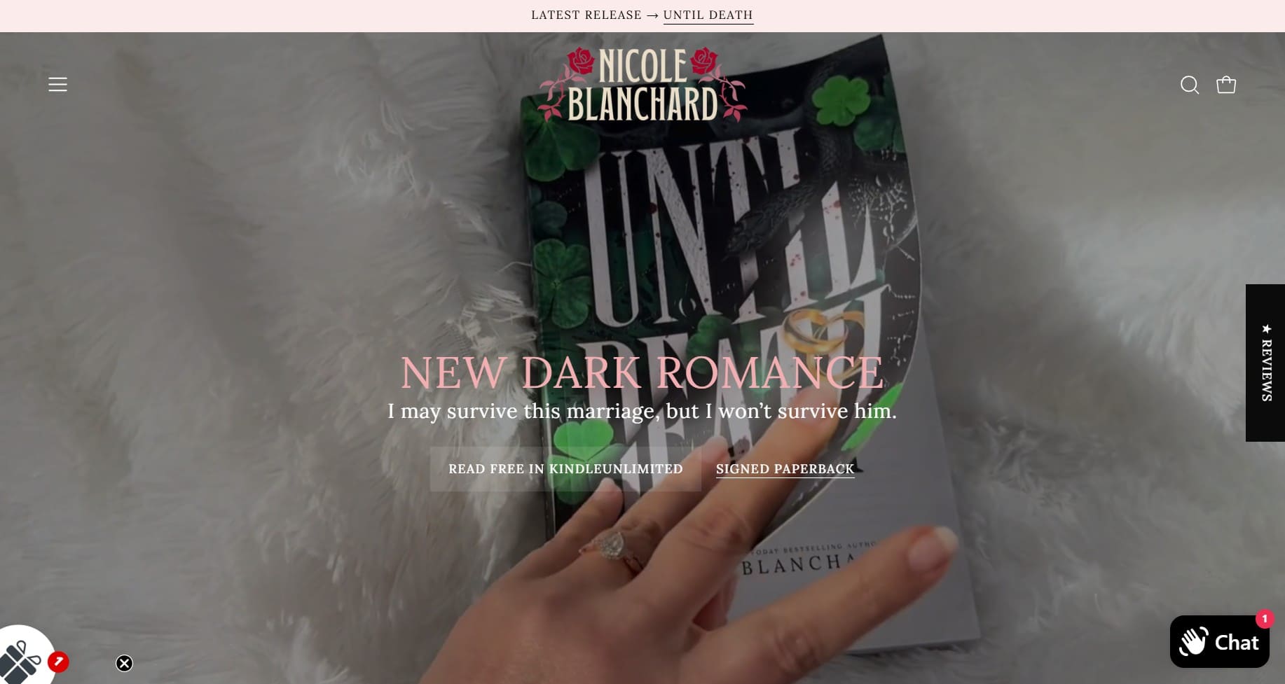 Shopify ebook store: A hand with a ring rests on a book titled Until Death by Nicole Blanchard, placed on a white furry surface. Text on the image promotes a new dark romance release.