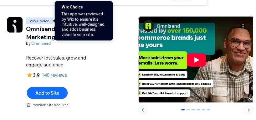 Wix SMS marketing: Screenshot of the Omnisend Marketing app listing on a website, showing its 3.9-star rating, Add to Site button, and a pop-up noting its a Wix Choice app recommended for its quality. A video preview features a smiling man.