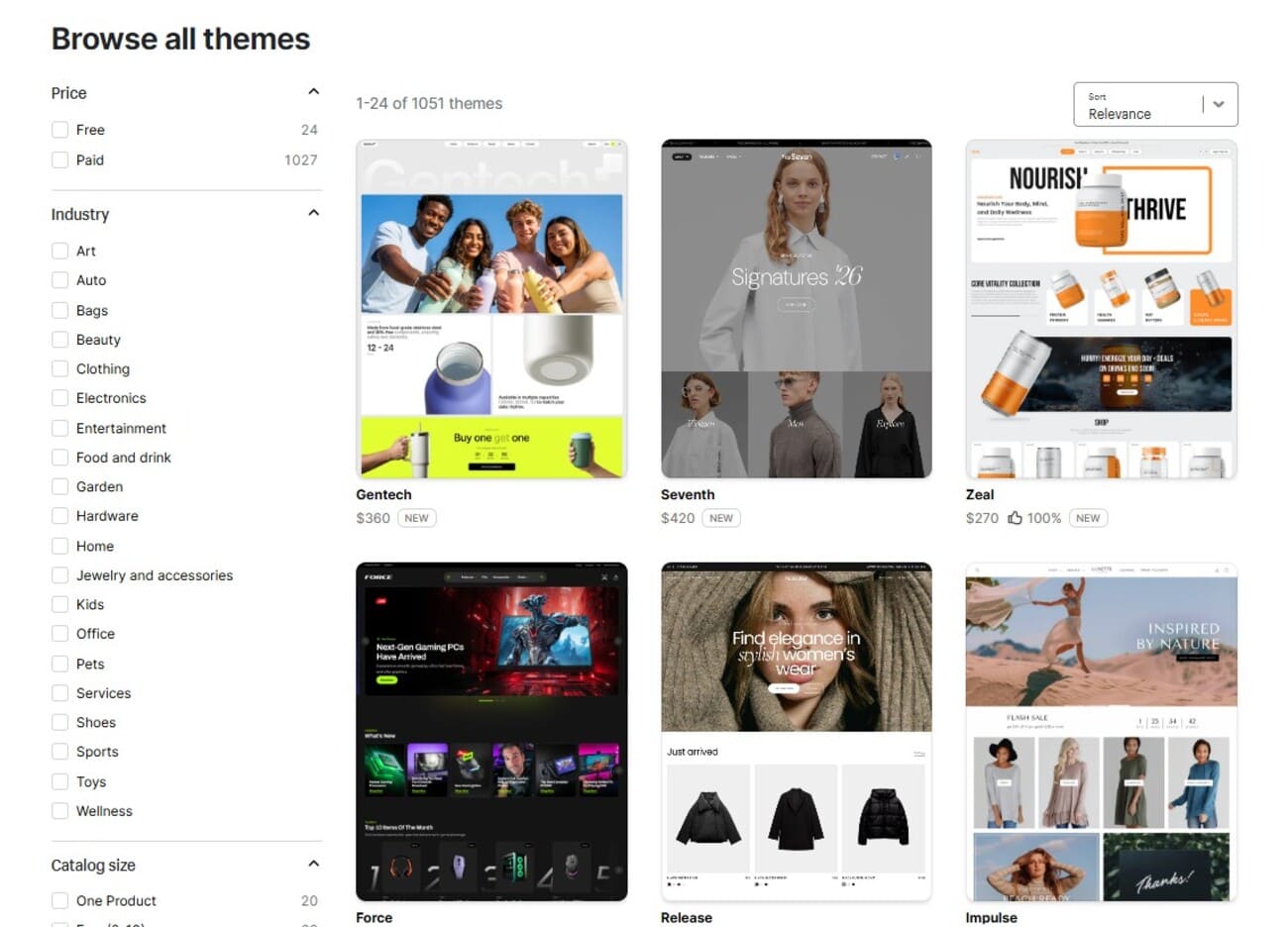 Magento vs Shopify: A webpage displays a gallery of website themes with filters on the left for price and industry. Six themes are shown, each with a preview image, name, and price or free label, arranged in a grid layout.