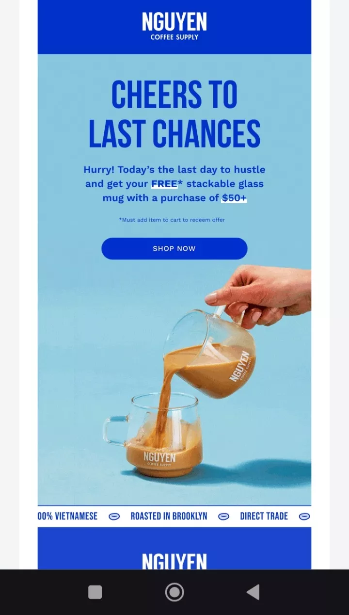 Email design best practices: Two clear glass mugs with NGUYEN branding are shown; one is being filled with coffee from above. The text promotes a free mug offer with a $50+ purchase from Nguyen Coffee Supply. Blue and white background.