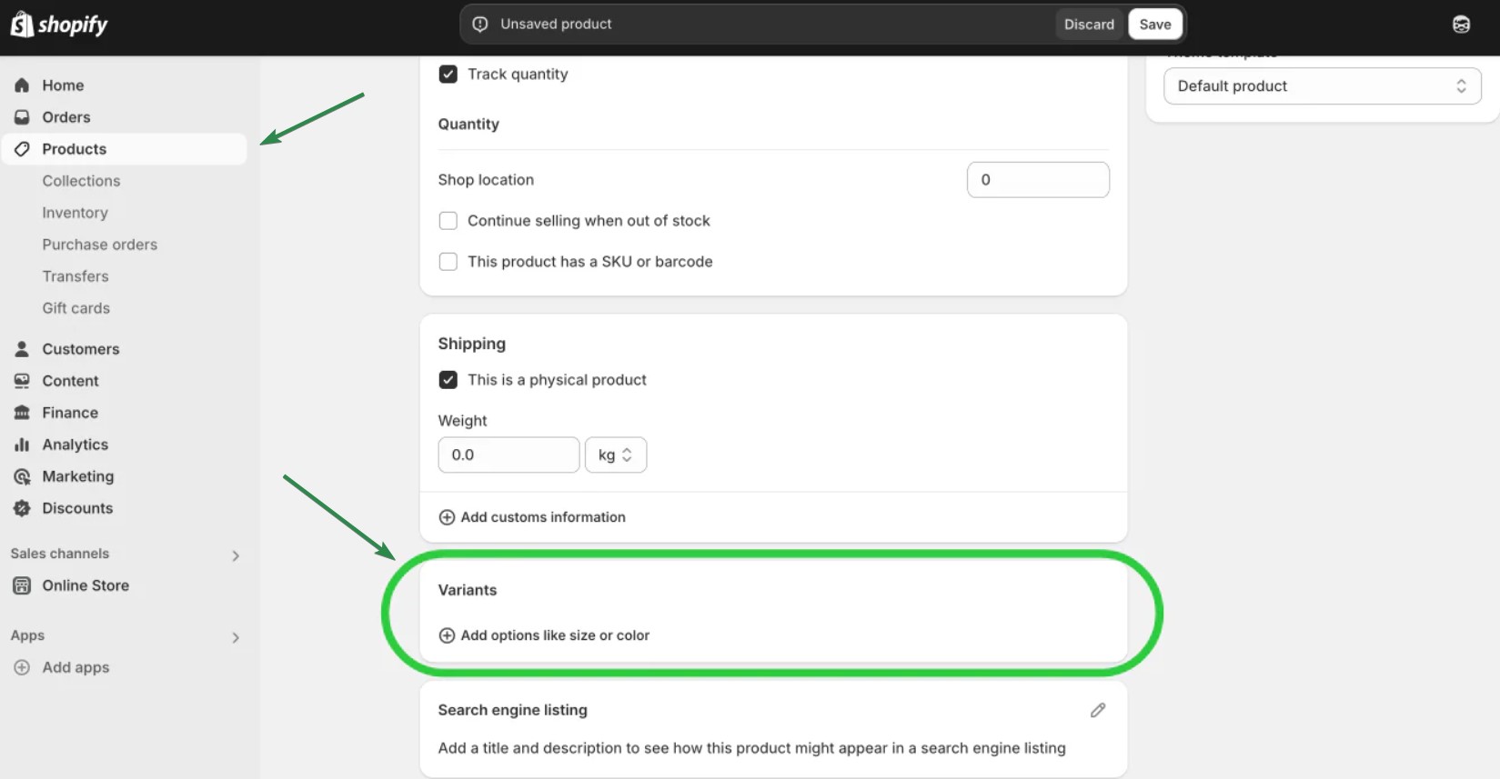 Shopify personalized products: Shopify product editing page highlighting the “Variants” section, where options like size or color can be added. Green arrows and outline emphasize the Variants area in the interface.