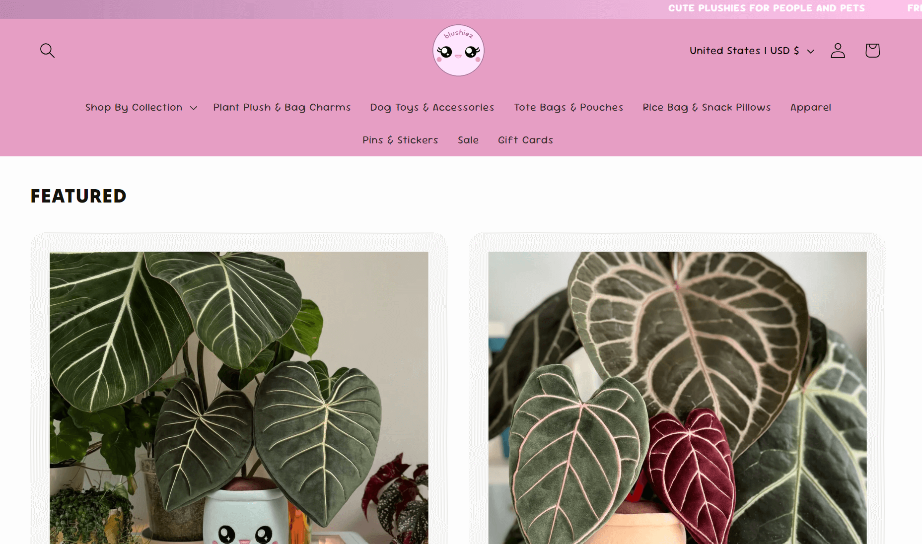 Shopify toy store: Screenshot of an online shop with a pink header, navigation menu, and featured images of potted plants with heart-shaped leaves in the center of the page.