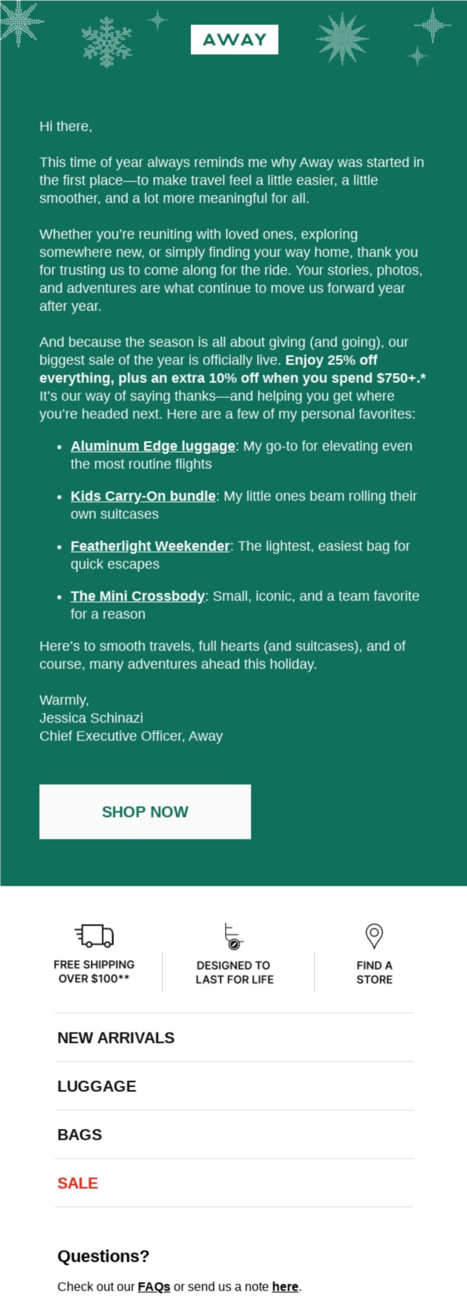 Email marketing examples: A festive email from Away features a holiday message, snowflake icons, discounted luggage bundles, product recommendations, free shipping offer, and contact options on a green background.