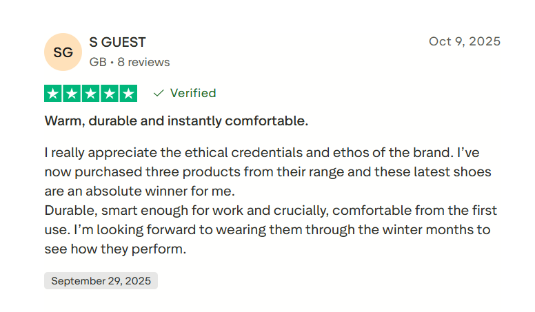 Shopify stores: A five-star review from S Guest dated Oct 9, 2025, praises shoes as warm, durable and instantly comfortable, highlighting ethical credentials and comfort for work and winter wear. Eight reviews are shown for the user.