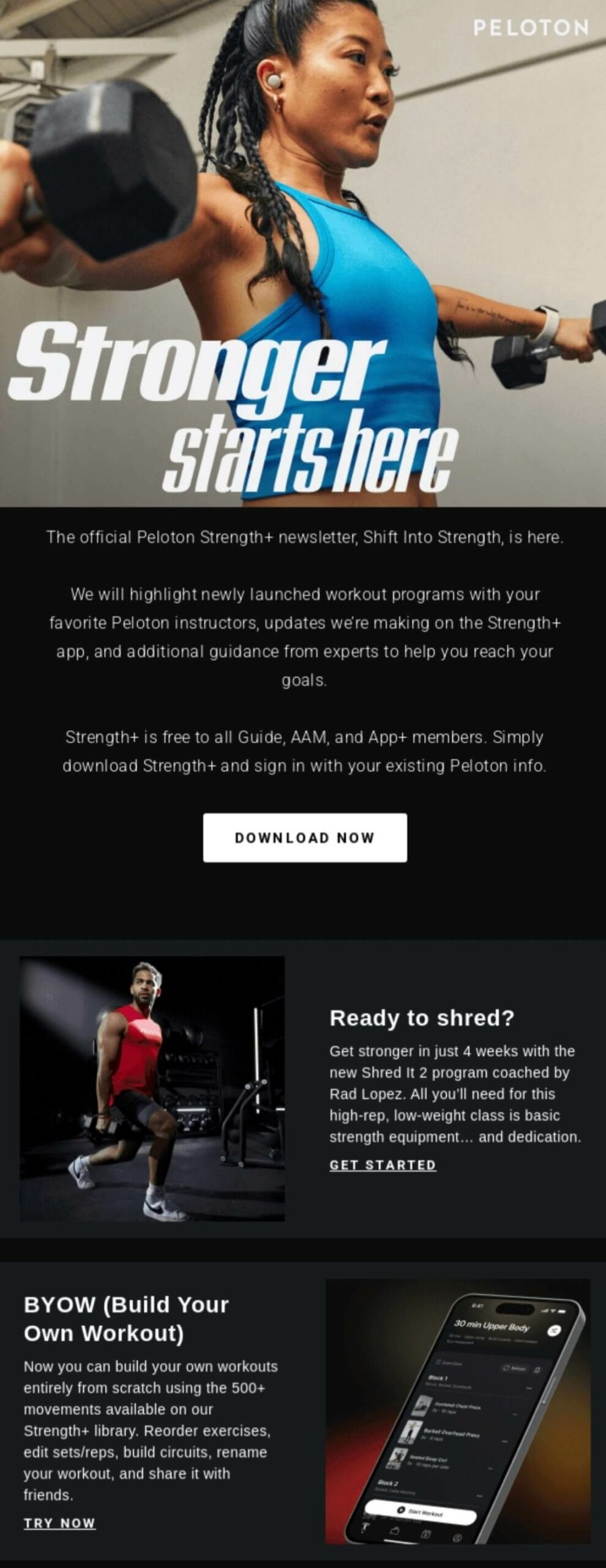 Email marketing examples: A Peloton newsletter ad features athletic women lifting weights, promoting strength workouts, with sections to download the app, join strength programs, and build custom workouts. Screenshots and action photos highlight fitness options.