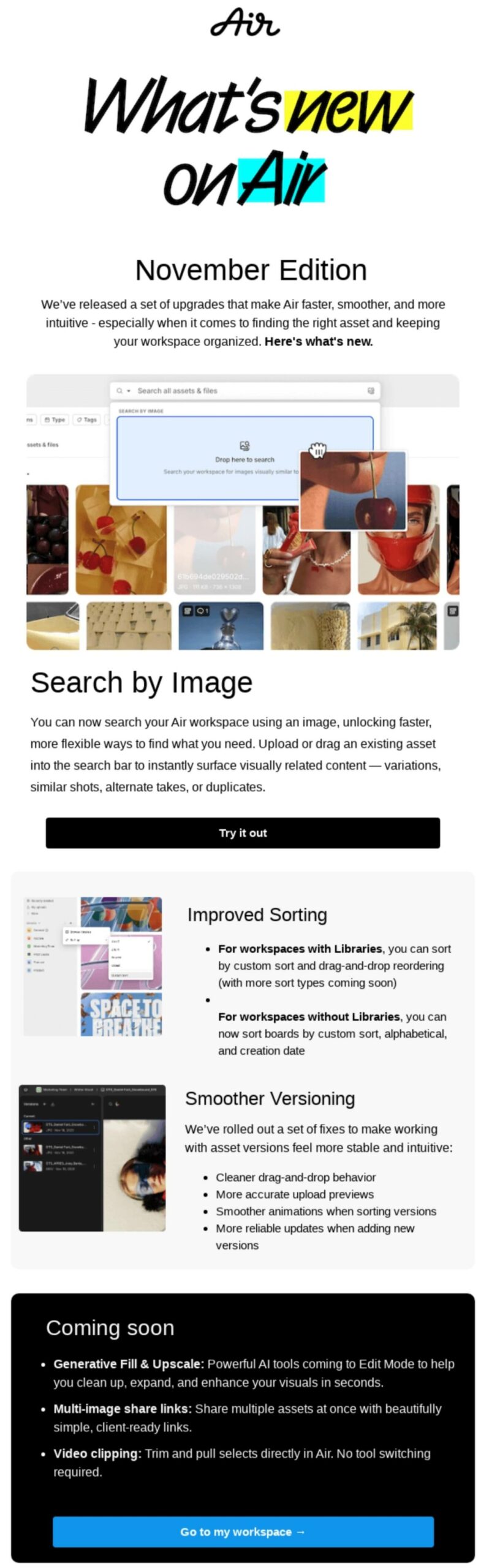 Email marketing examples: An email newsletter titled Whats new on Air announces new features: search by image, improved sorting, smoother versioning, and upcoming AI tools, with sample images and interface screenshots.