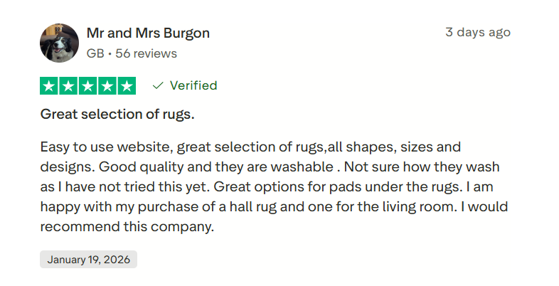Shopify stores: A five-star review by Mr and Mrs Burgon praises a rug company for easy website use, good rug variety, quality, and washable products. They recommend the company and mention buying two rugs. Date: January 19, 2026.