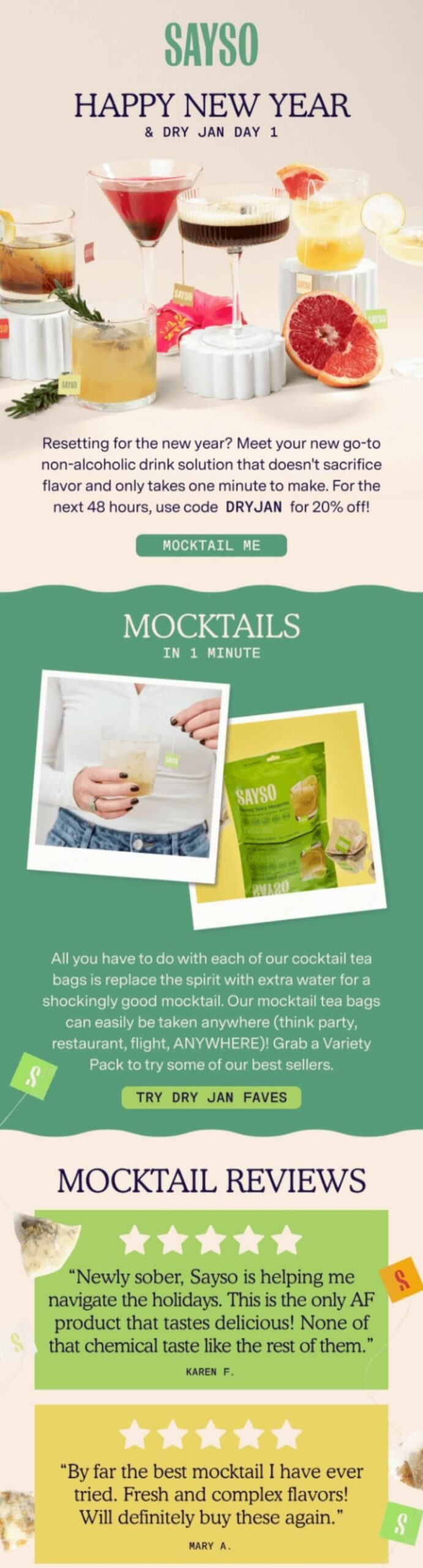 Email marketing examples: A festive New Year-themed newsletter featuring Sayso mocktail tea sachets, mocktail drinks, ingredients, a promo code for Dry January, and customer reviews about their non-alcoholic beverages.