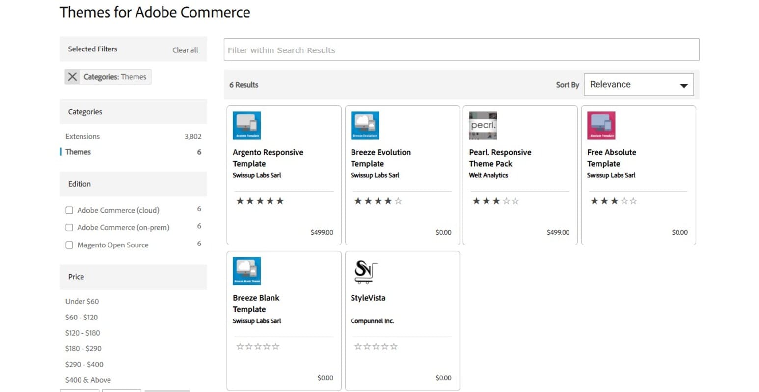Magento vs Shopify: A webpage displays theme options for Adobe Commerce, showing six themes in a grid with images, names, ratings, and prices. Filters on the left allow sorting by categories, edition, and more.