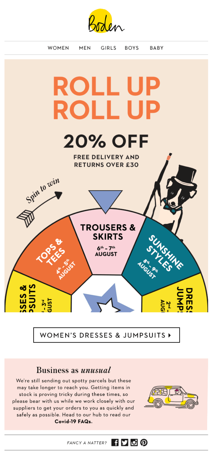 Email segmentation: A promotional email from Boden featuring a colorful spinning wheel offering 20% off and free delivery for orders over £30. Categories include trousers, skirts, tops, tees, dresses, and jumpsuits.