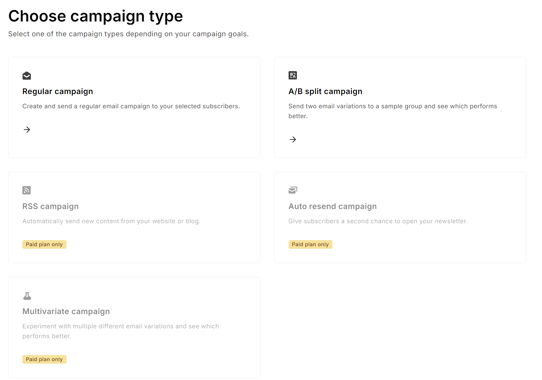 Brevo vs. MailerLite: A user interface screen titled Choose campaign type displays five campaign options: Regular, A/B split, RSS, Auto resend, and Multivariate, with the last three labeled Paid plan only and appearing grayed out.