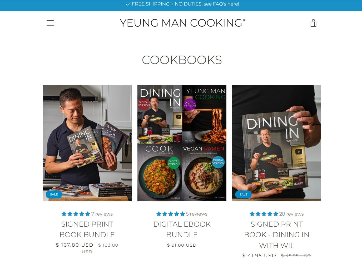 Shopify ebook store: Screenshot of an online store page titled Cookbooks from Yeung Man Cooking, displaying three cookbook products, including signed print bundles and a digital ebook, with images, prices, reviews, and sale tags.