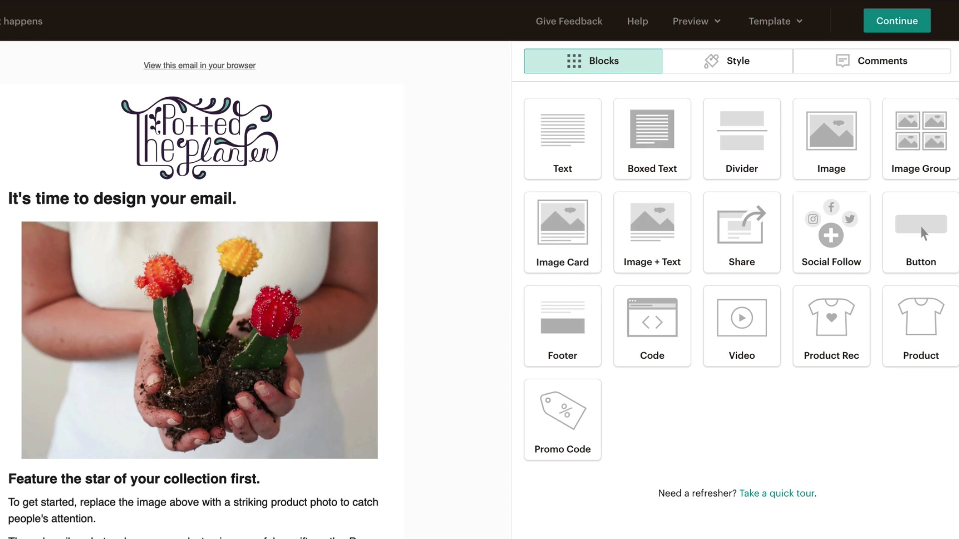 Sendgrid vs Mailchimp: A computer screen shows an email design editor. On the left, theres an email draft with an image of hands holding colorful cacti. On the right, there are drag-and-drop content blocks, like text, images, and buttons.