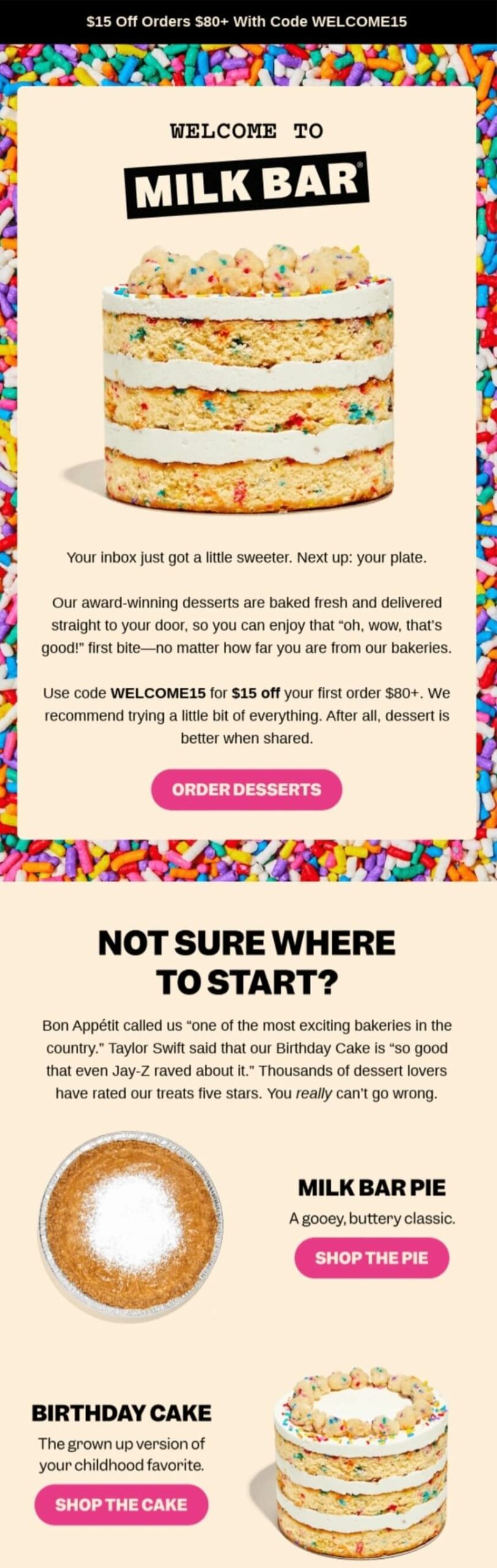 Email marketing examples: Screenshot of a Milk Bar bakery website showing images of a layered birthday cake and a pie, colorful sprinkles background, and promotional text offering $15 off orders over $80 with the code WELCOME15.