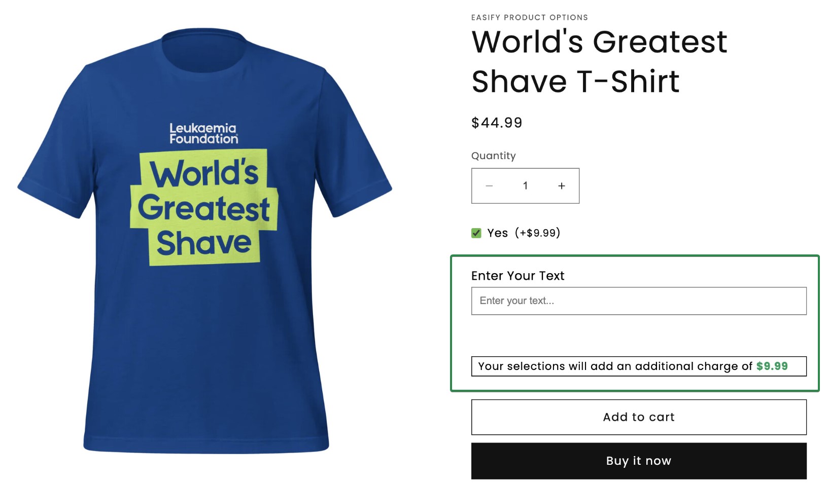 Shopify personalized products: Blue t-shirt with Leukemia Foundation Worlds Greatest Shave printed on the front. Online store page shows price, quantity selector, text customization option, and add to cart or buy now buttons.