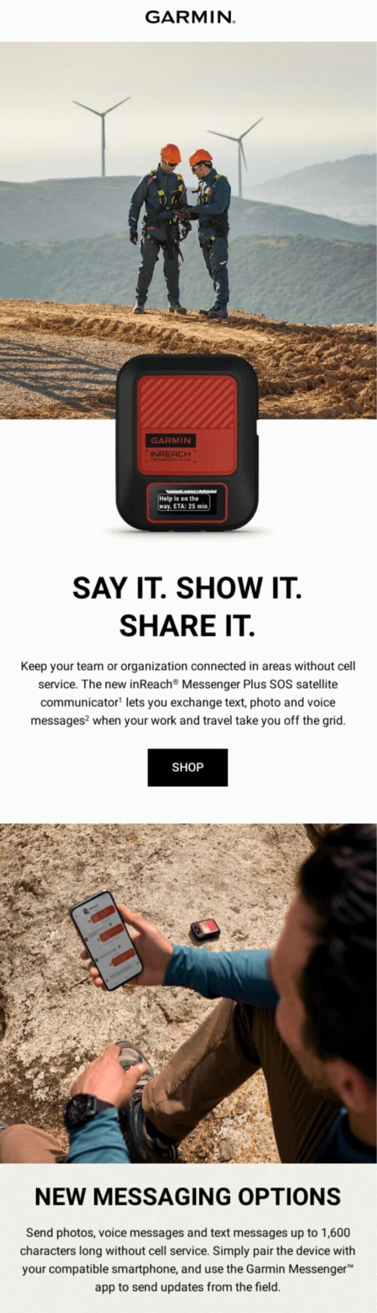 Email marketing examples: Two people in hiking gear stand near wind turbines; a close-up of a Garmin device appears, followed by a man using a phone connected to the device outdoors. Text promotes satellite communication and messaging features.