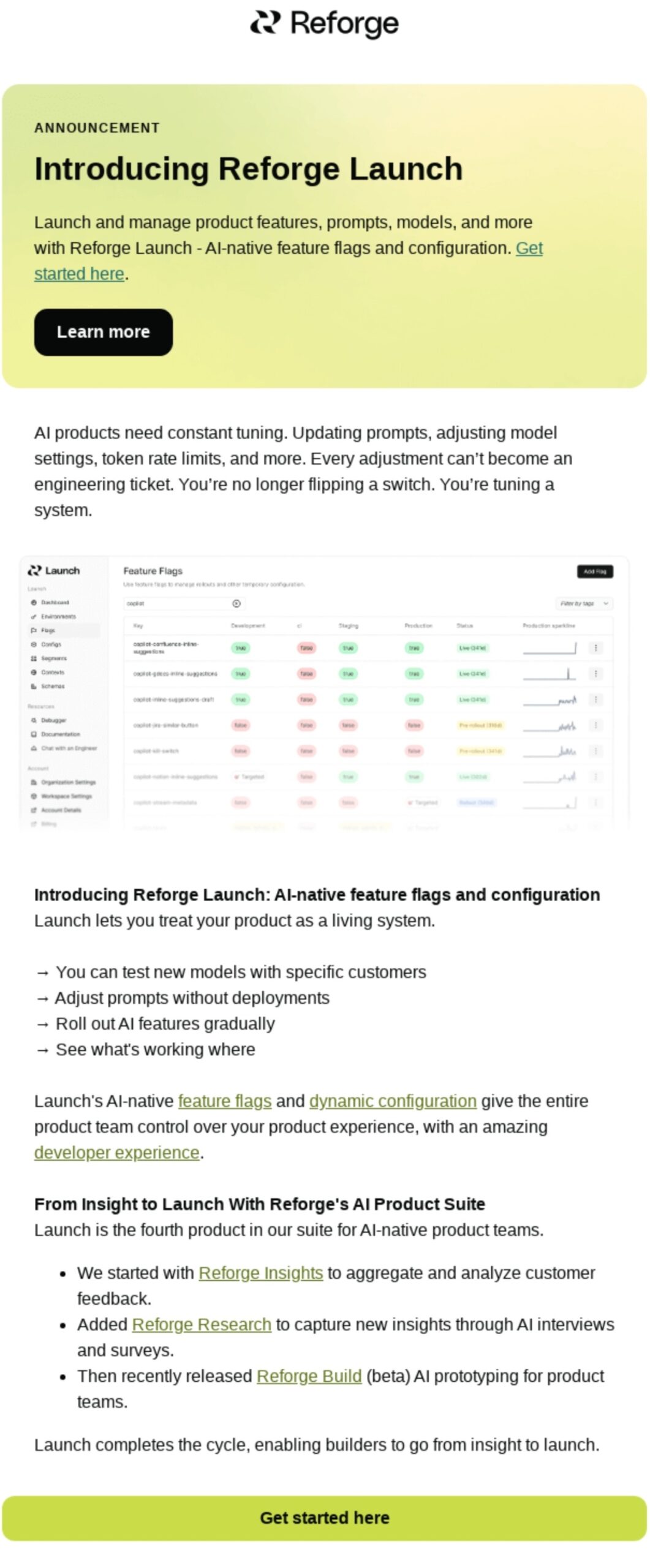 Email marketing examples: A promotional email from Reforge announces the launch of Reforge Launch, an AI product suite for managing product features. It includes a product dashboard screenshot, feature highlights, and a Get started here call-to-action button.