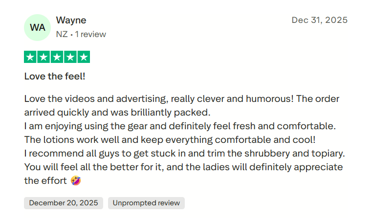 Shopify stores: A five-star online review by Wayne from New Zealand praises a product’s clever videos, fast delivery, and comfortable feel. Wayne recommends it to others, mentioning lotions and humorous advertising.