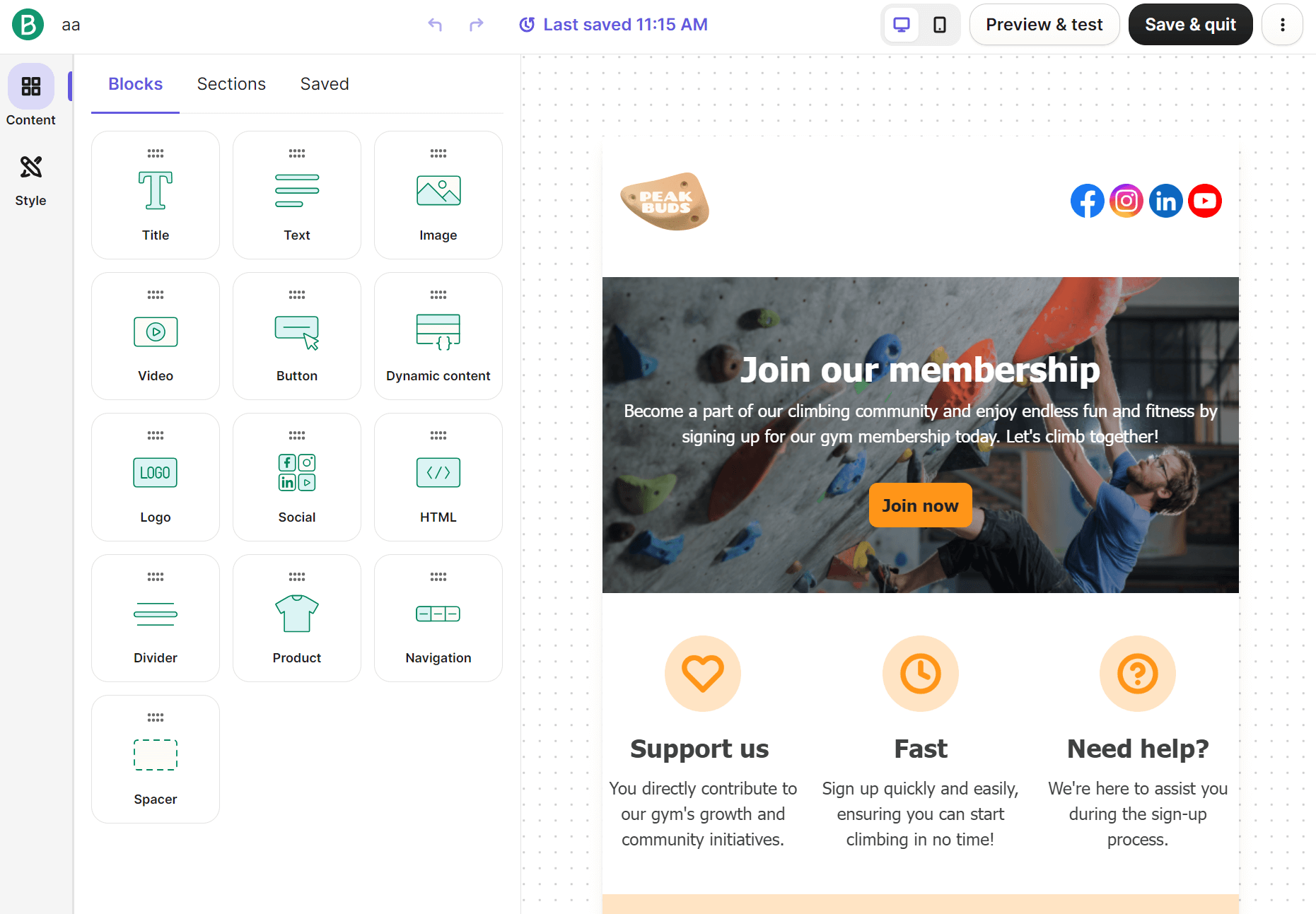 Brevo vs. MailerLite: A website editor shows a climbing gym membership sign-up page preview, featuring a “Join our membership” headline, an image of people climbing, an orange “Join now” button, and three info sections about support, speed, and help.