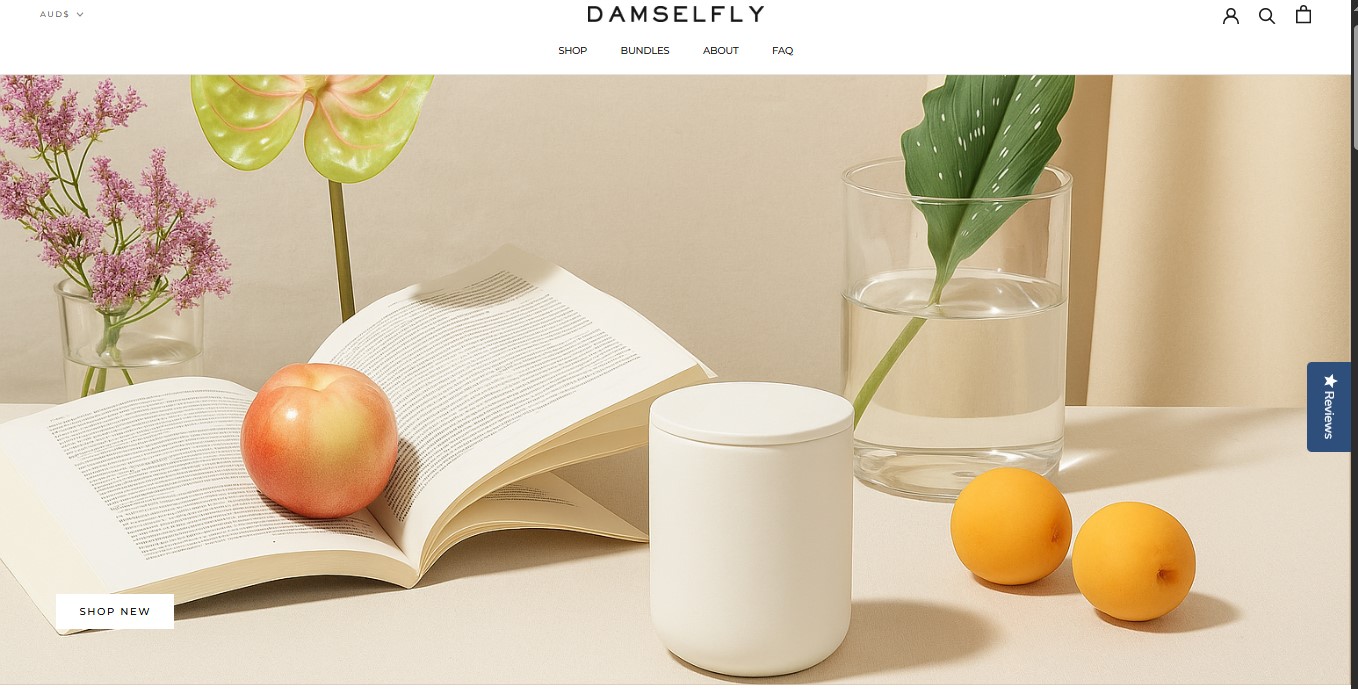 Shopify candle store: DAMSELFLY home page