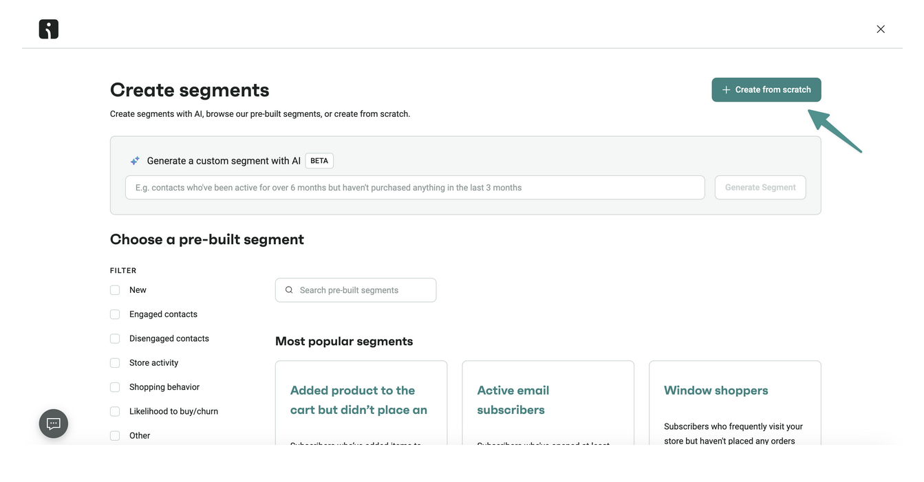 Shopify customer segmentation: A webpage titled Create segments with options to generate custom or pre-built segments. An arrow points to a green Create from scratch button in the top right corner. Segment filters and suggestions are listed below.