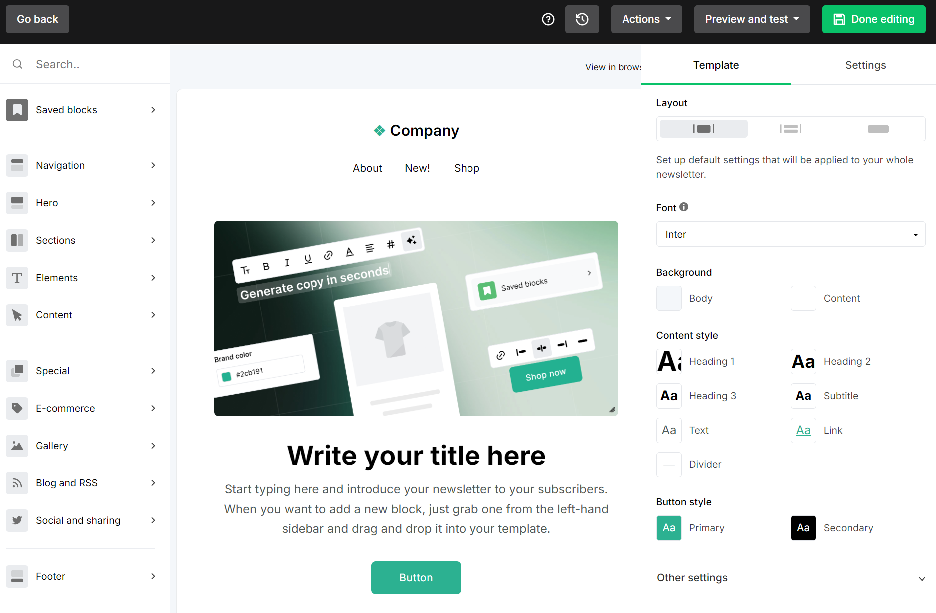 Brevo vs. MailerLite: A website editor interface displays a newsletter template with customizable blocks and text, layout and font options on the right panel, and a preview area showing a headline, sample text, and design elements in the center.