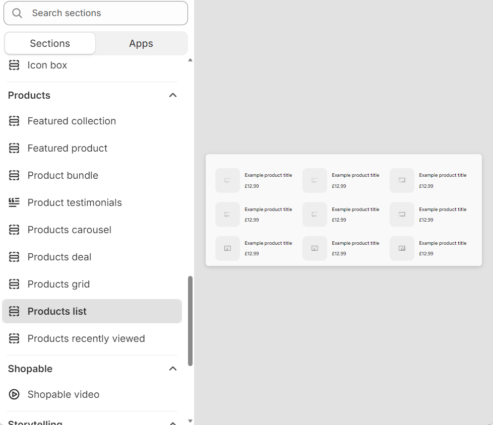 Shopify product recommendations: A website interface showing a left sidebar with a list of section options, including Products list highlighted, and a preview on the right displaying a grid of example product titles with prices.