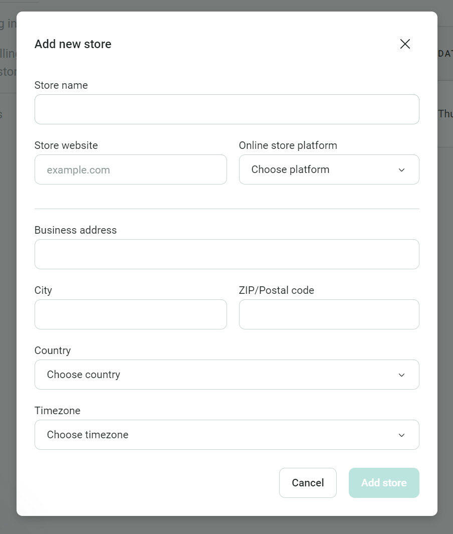 BigCommerce to WooCommerce migration: A modal form titled Add new store with fields for store name, store website, online store platform, business address, city, ZIP/postal code, country, and timezone, plus Cancel and Add store buttons.