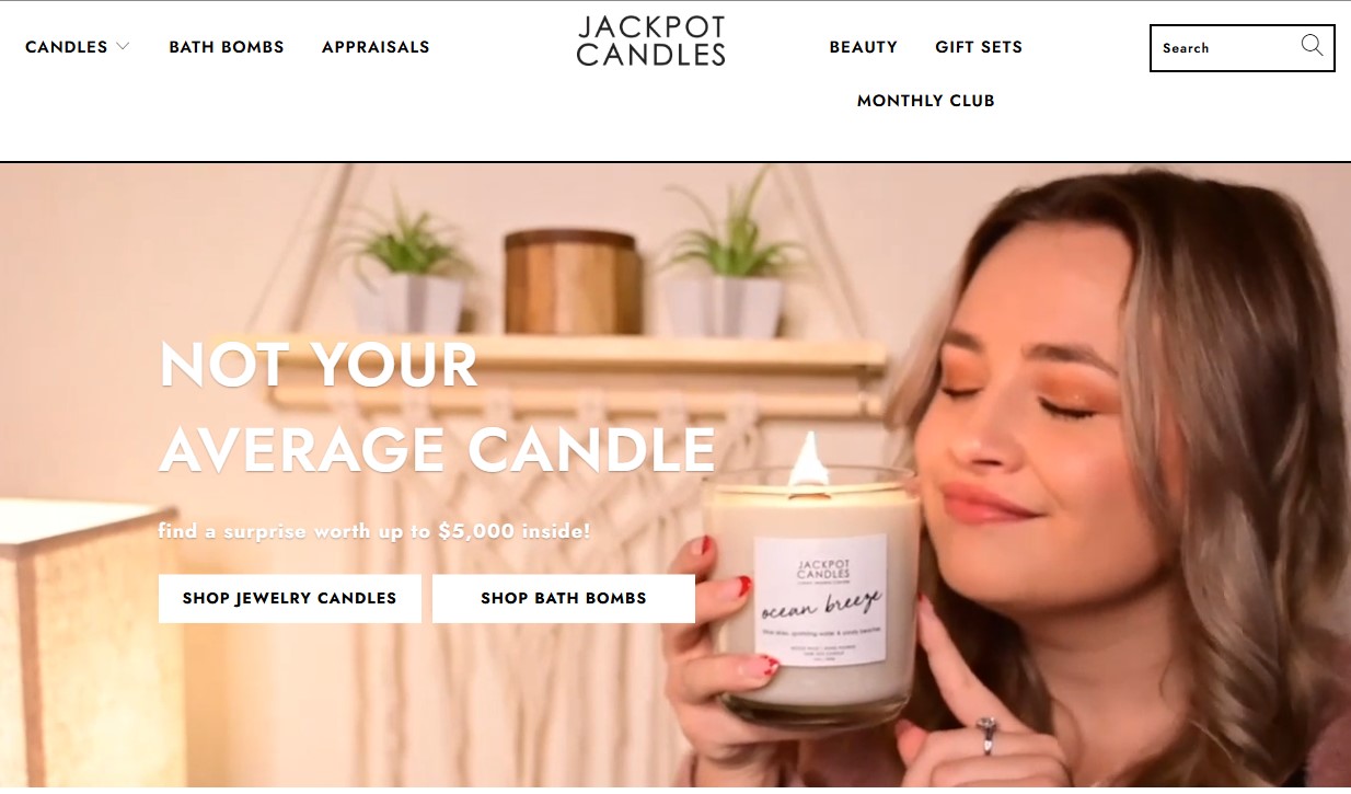 Shopify candle store: Jackpot Candles home page