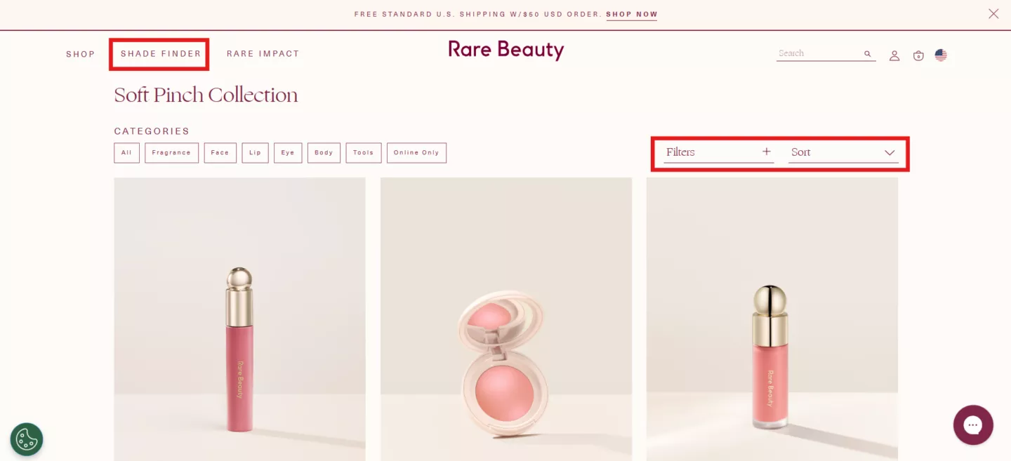Successful Shopify store Rare Beauty bestsellers page