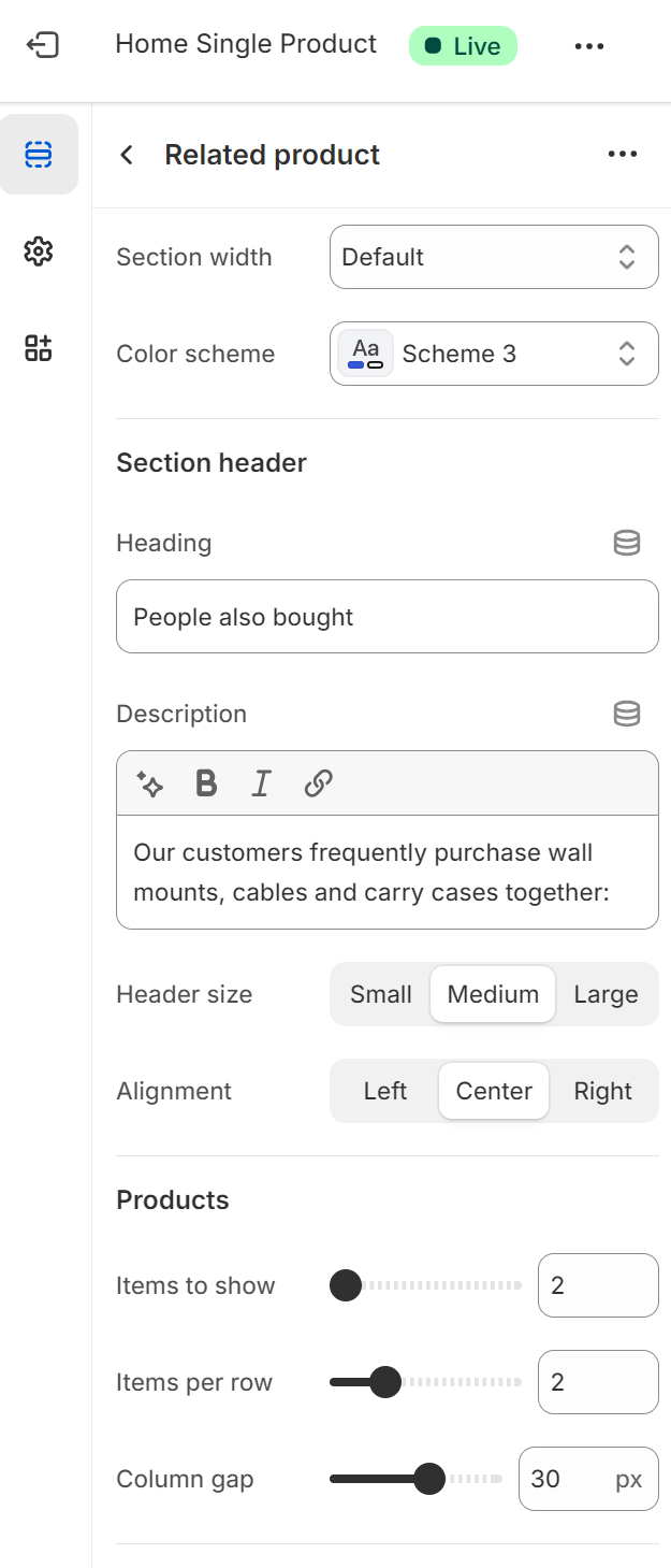 Shopify product recommendations: A settings panel for a “Related product” section displays options for section width, color scheme, heading, description, header size, alignment, and product display settings including items to show, items per row, and column gap.