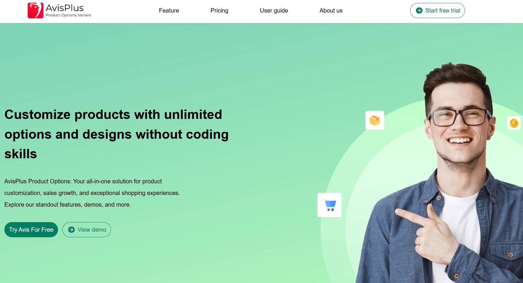 Shopify personalized products: Avis Plus home page