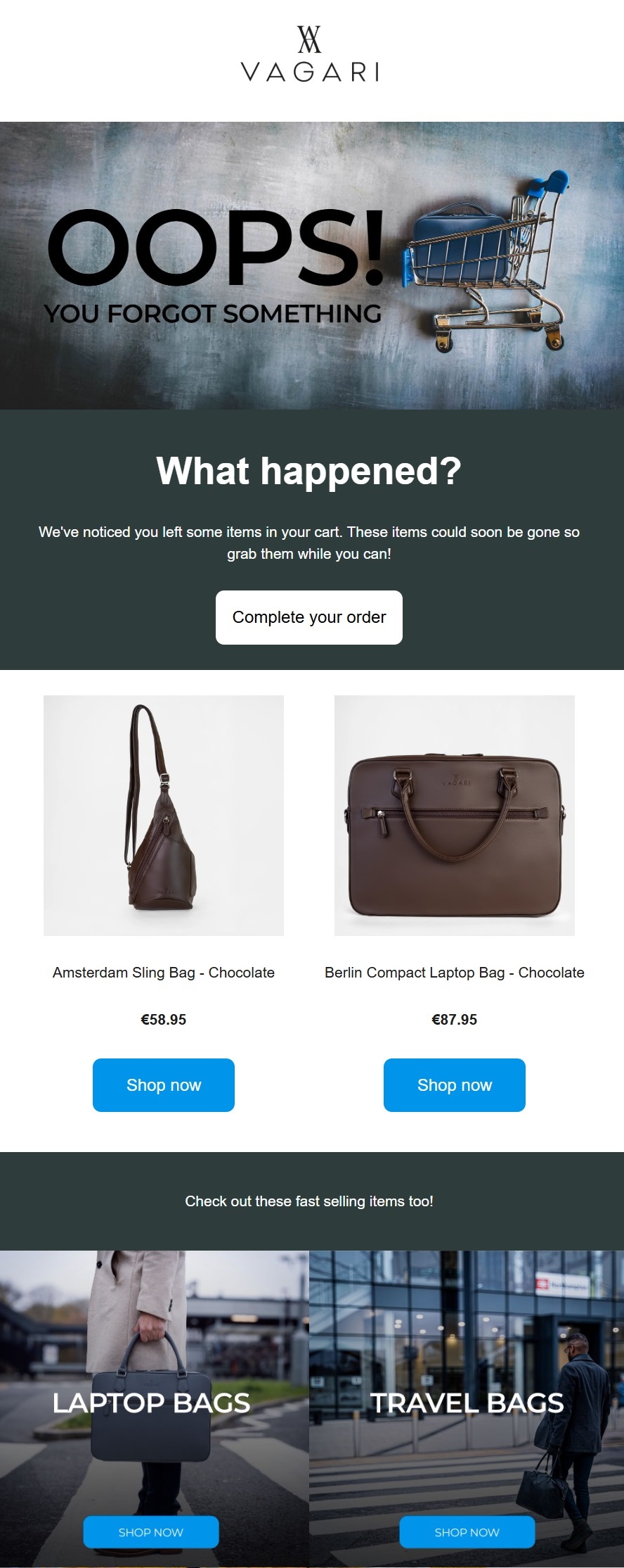 Email marketing examples: A shopping cart abandonment email from Vagari featuring a “Oops! You forgot something” message, images of a handbag and a laptop bag with prices, and promo sections for laptop bags and travel bags.
