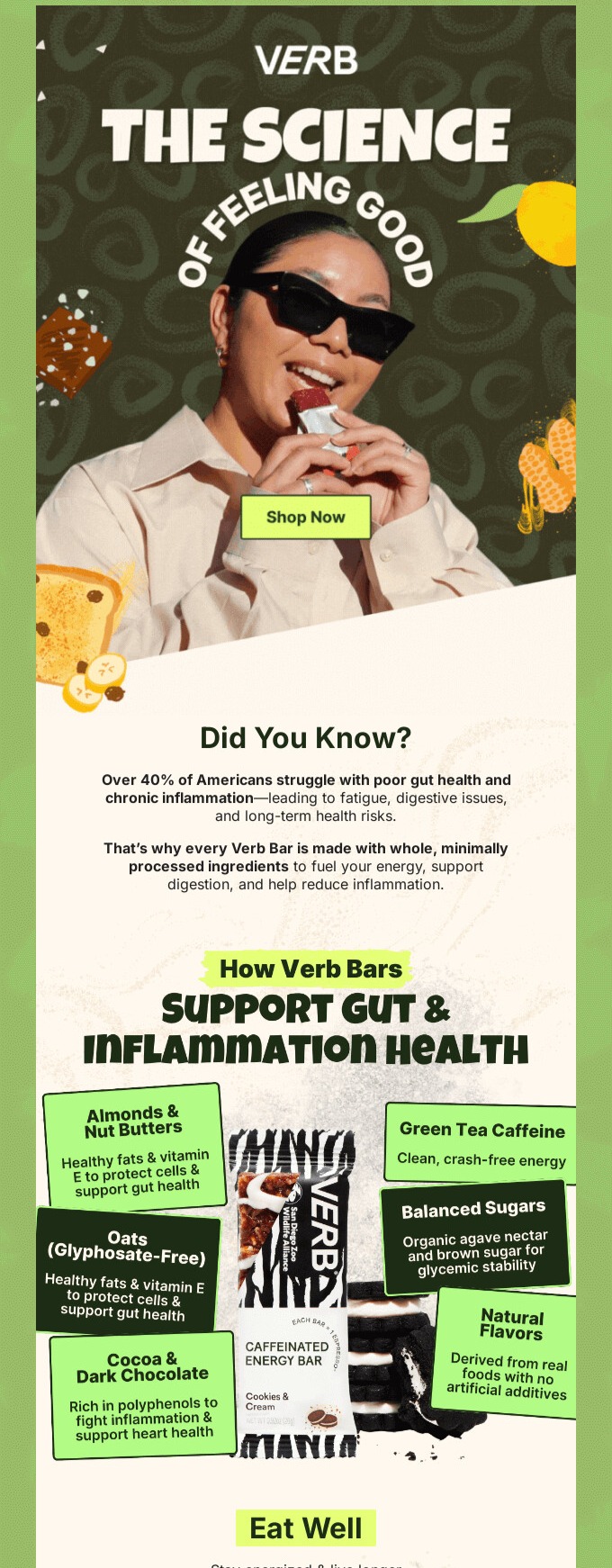 Email design best practices: A smiling person wearing sunglasses holds a snack bar. Text highlights Verb Bars’ support for gut and inflammation health, featuring ingredients like almonds, green tea caffeine, oats, and balanced sugars. Bold headings and colorful graphics.