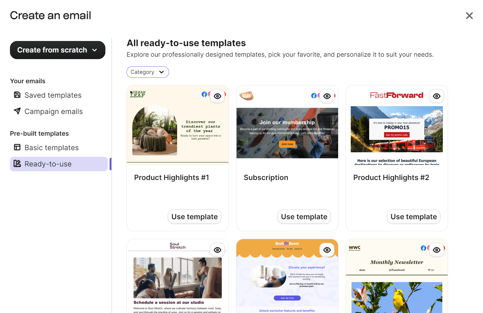 Brevo vs. MailerLite: A screen shows an email creation tool with various ready-to-use email templates, including options for product highlights, subscriptions, and promotions. The user can select templates by clicking Use template.