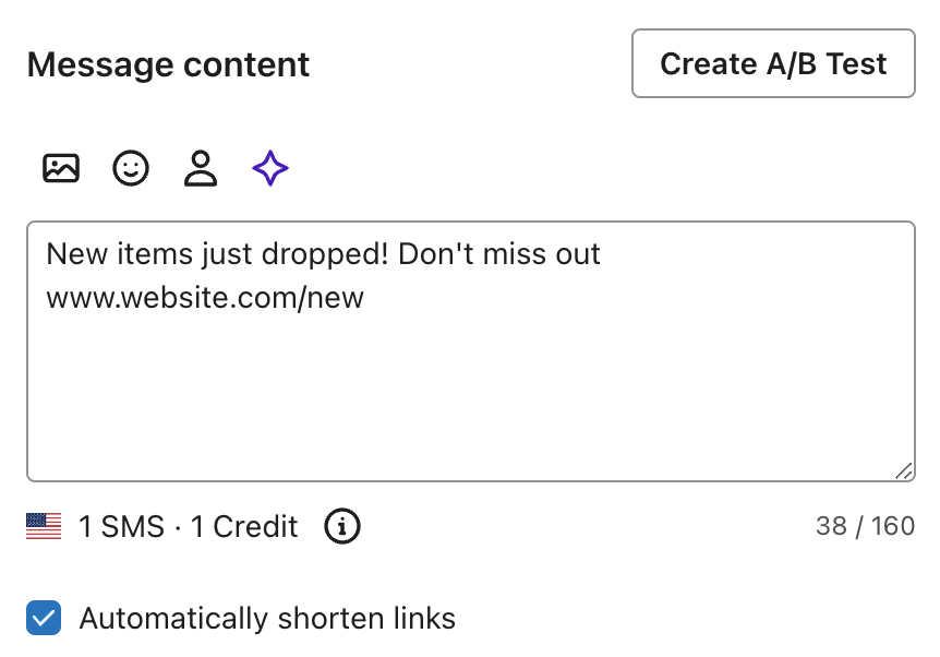 Wix SMS marketing: A messaging platform interface showing a promotional text about new items with a link, options to add media or emojis, and settings for SMS credits and automatic link shortening.