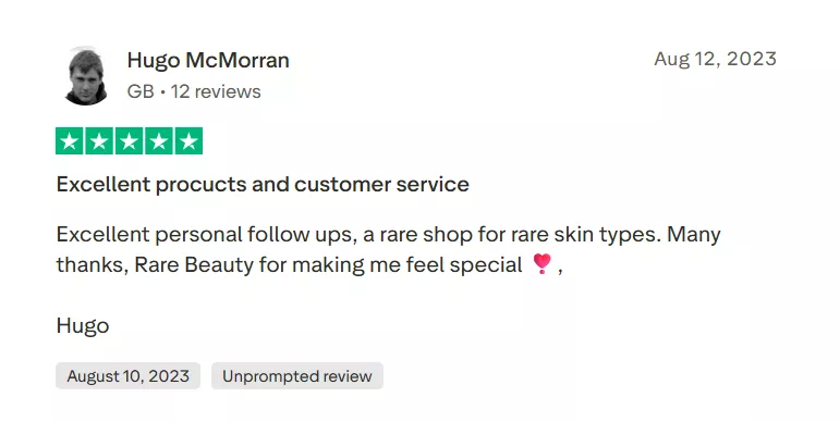 Shopify stores: A customer review by Hugo McMorran praises Rare Beauty for excellent products, customer service, and personal follow-ups, mentioning appreciation for rare skin type products. The review includes 5 stars and a heart emoji.