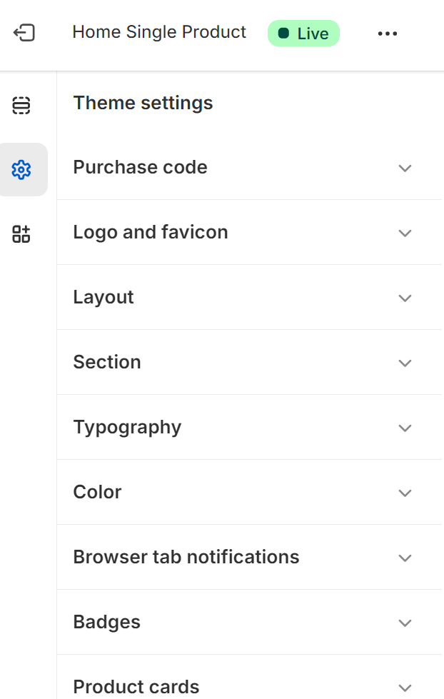 Shopify product recommendations: A website dashboard shows theme settings options, including Purchase code, Logo and favicon, Layout, Section, Typography, Color, Browser tab notifications, Badges, and Product cards. Live status is indicated at the top.