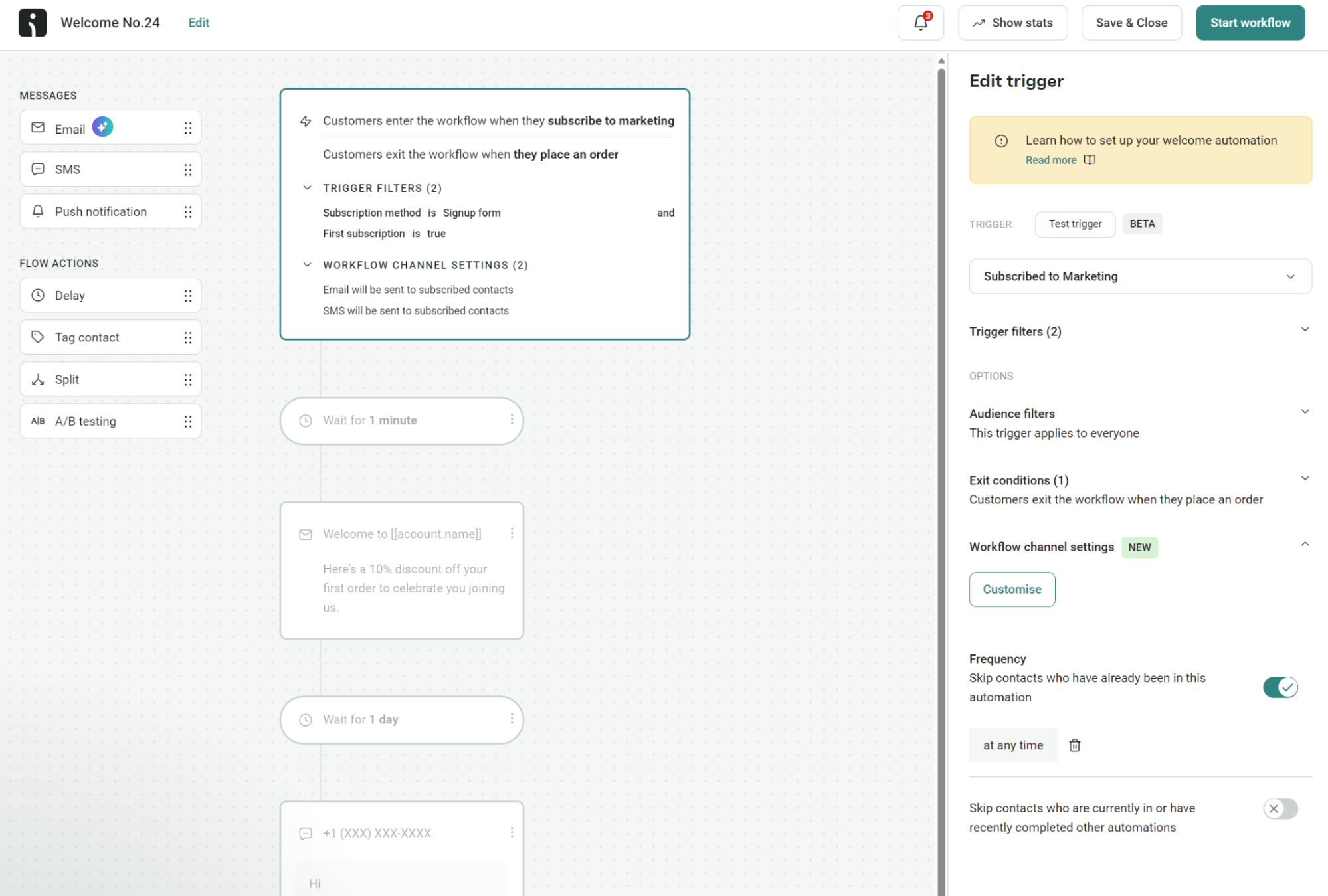 BigCommerce to WooCommerce migration: A workflow automation screen displays trigger settings for subscribing to marketing emails. The interface includes a flowchart, message options on the left, and an Edit trigger panel on the right with filter and frequency settings.