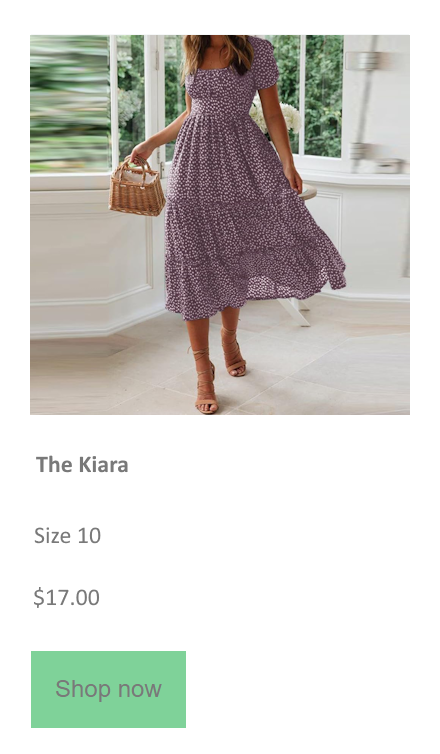 Abandoned cart email: A woman wears a purple, short-sleeve, floral midi dress with a square neckline. She carries a woven handbag and wears brown heeled sandals. The dress is called The Kiara, size 10, priced at $17.00.