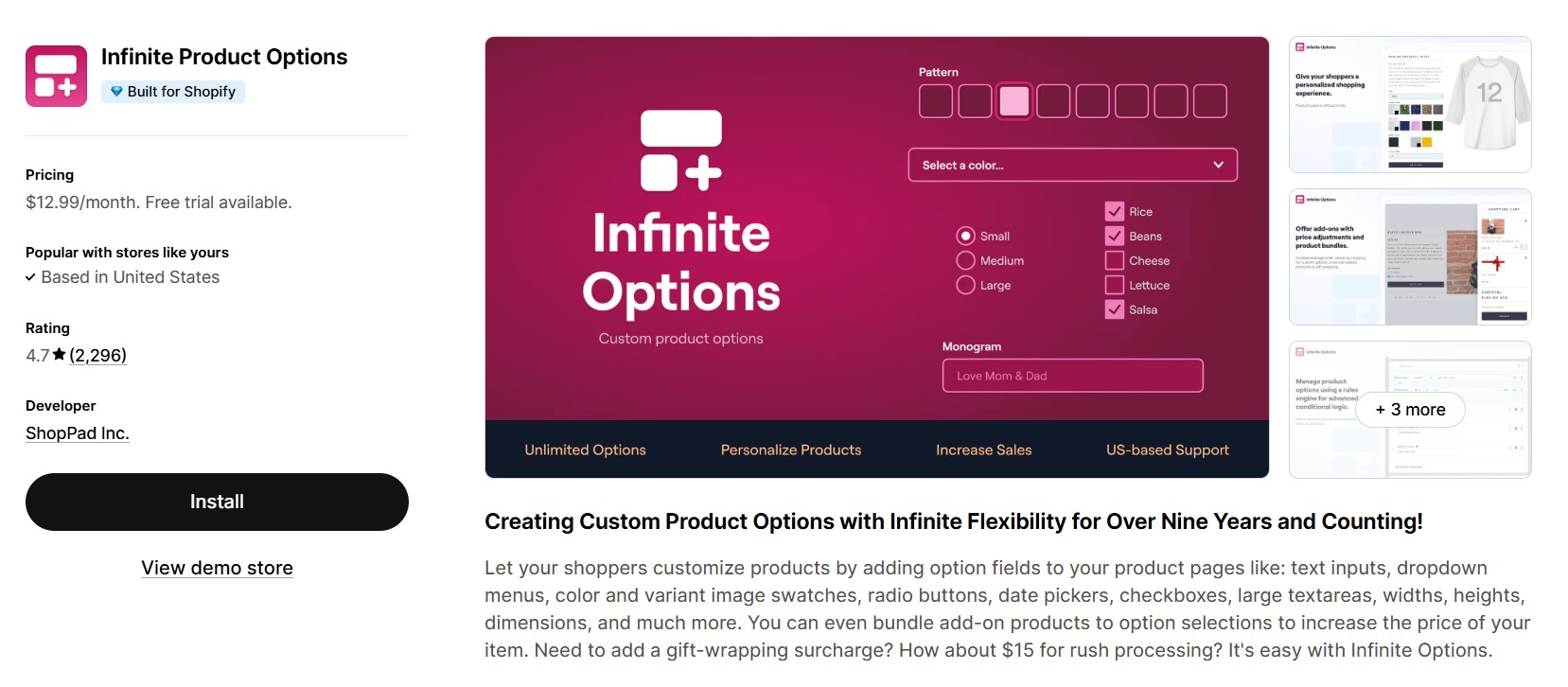Shopify personalized products: Screenshot of the Infinite Product Options app page on the Shopify App Store, showing the app name, rating, price, install button, and example images of customizable product options.