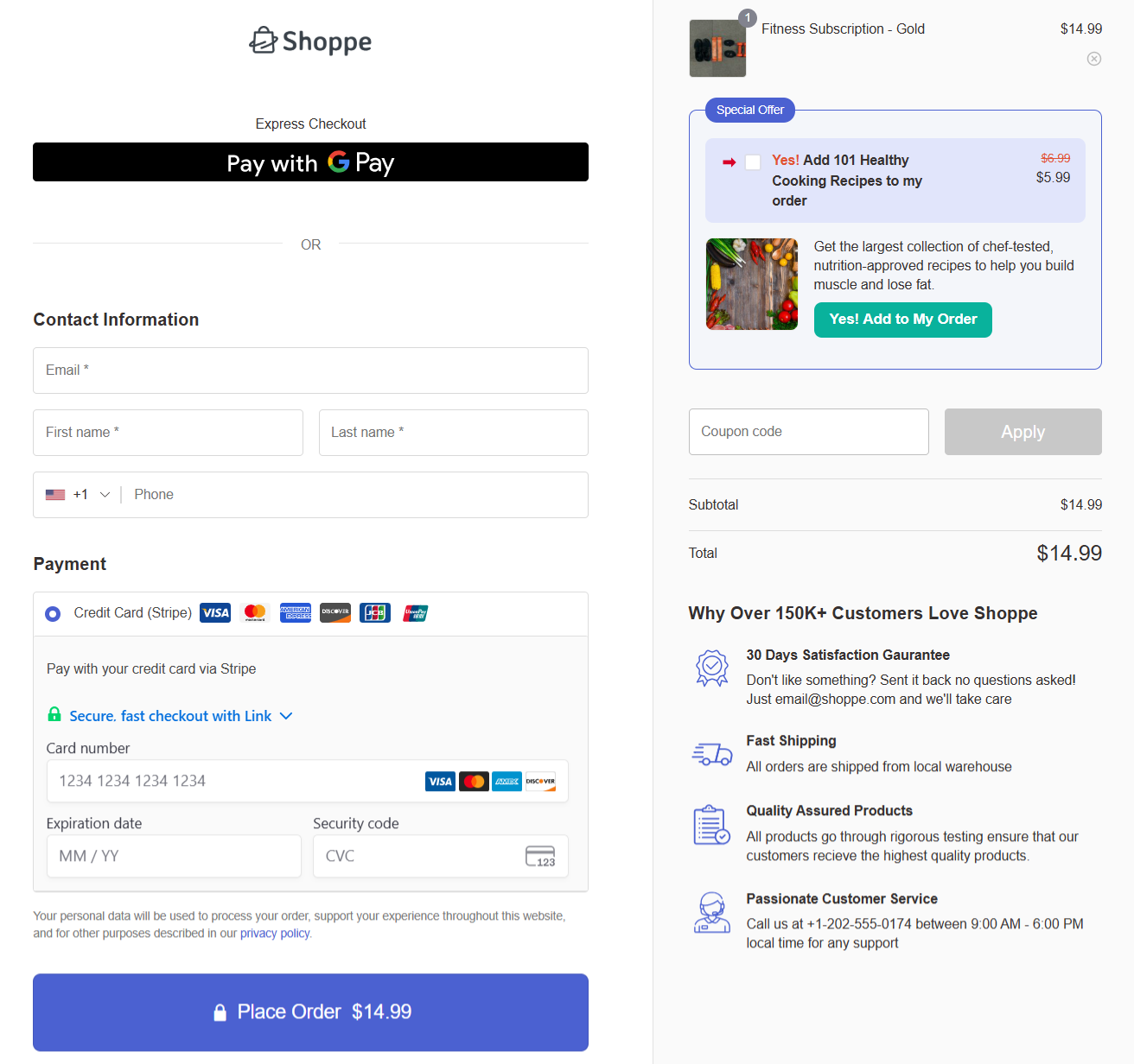WooCommerce checkout plugins: A checkout page for Shoppe shows an express Google Pay button, contact details fields, and a Stripe credit card payment form with a “Place Order $14.99” button, alongside an order summary for “Fitness Subscription – Gold,” a discounted add-on offer, a coupon code field, and customer trust badges.