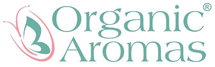 Customer acquisition strategies: Logo for Organic Aromas featuring a stylized butterfly on the left and the brand name in green serif font on the right.
