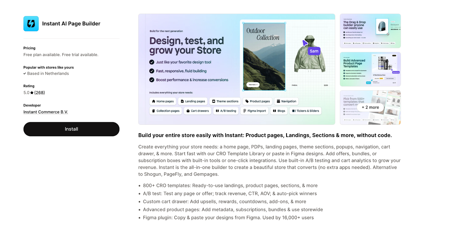 Instant AI Page Builder page on Shopify App Store