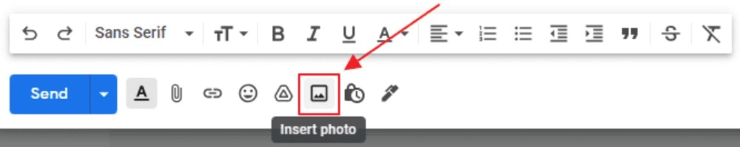 How to insert a GIF into an email: A red arrow points to the Insert photo icon in an email toolbar, highlighting how to add an image to an email message draft.