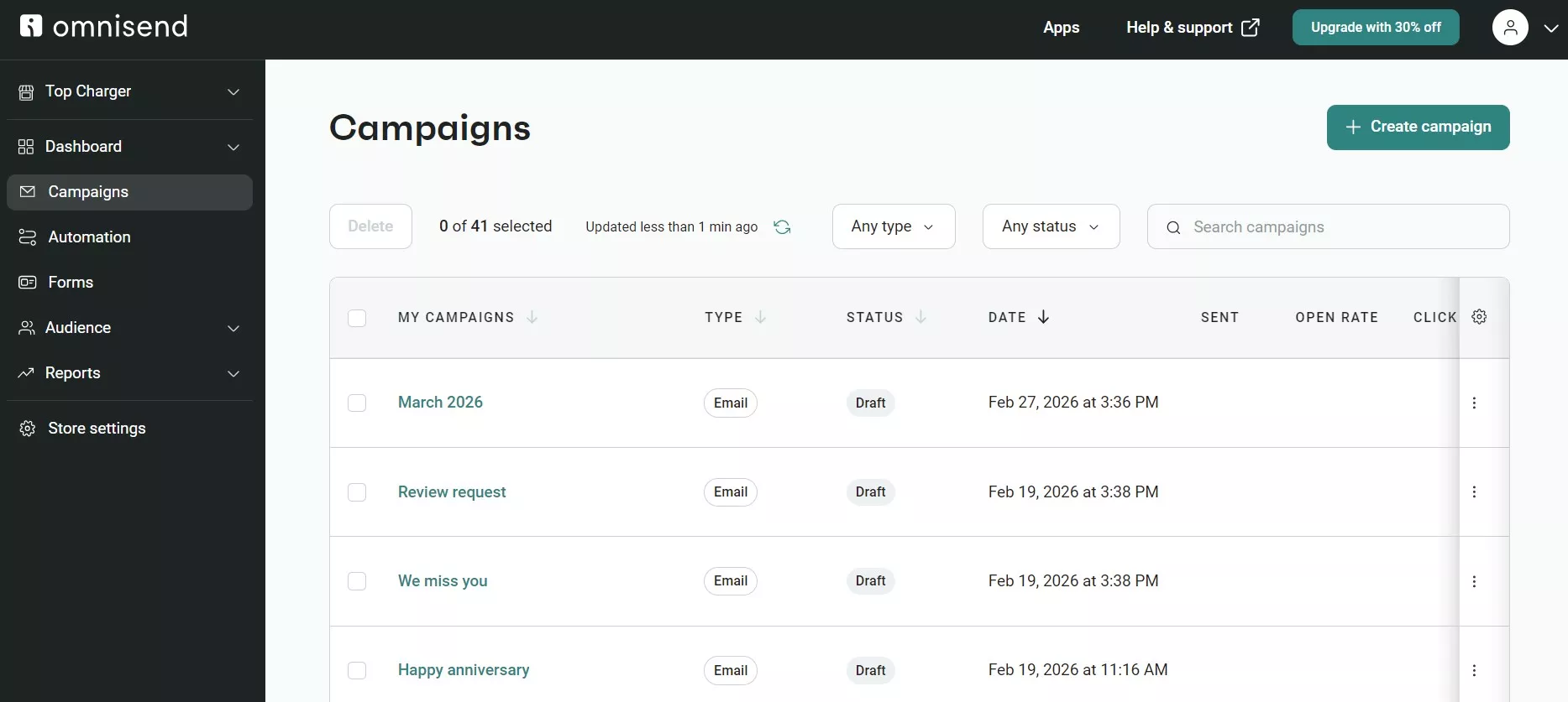 Omnisend vs Klaviyo: A screenshot of the Omnisend dashboard showing the Campaigns page, listing four email drafts with their names, status, dates, and engagement metrics. The Create campaign button is visible on the right.