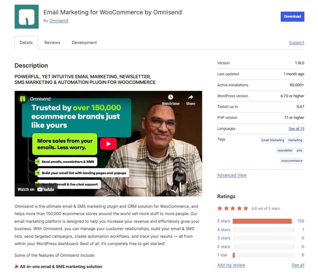 WooCommerce email marketing plugins: Screenshot of the Omnisend WooCommerce plugin page, showing a man in a video, plugin details, a description about email & SMS marketing, user ratings, and a blue download button at the top right corner.