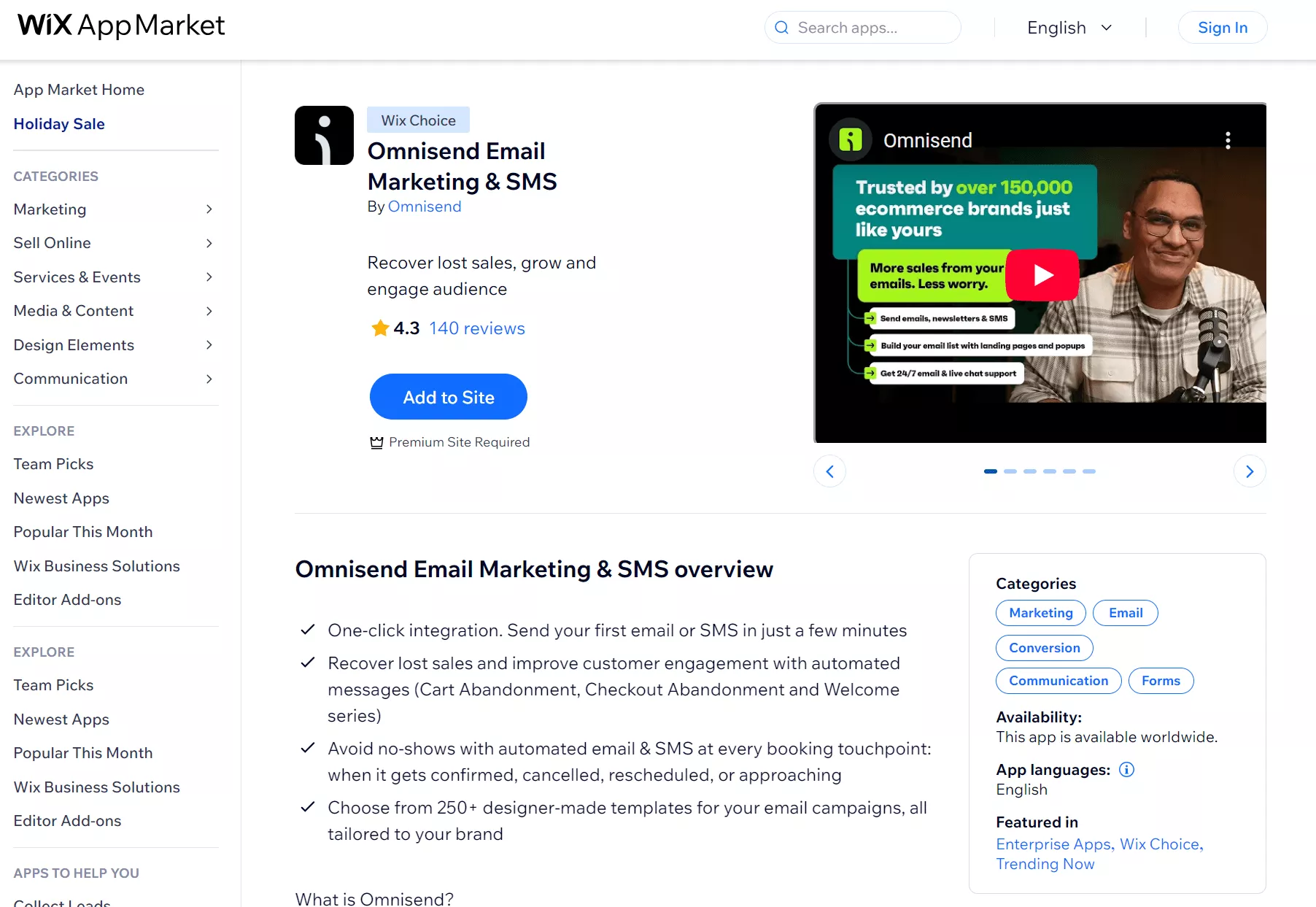 Wix apps: Omnisend app page