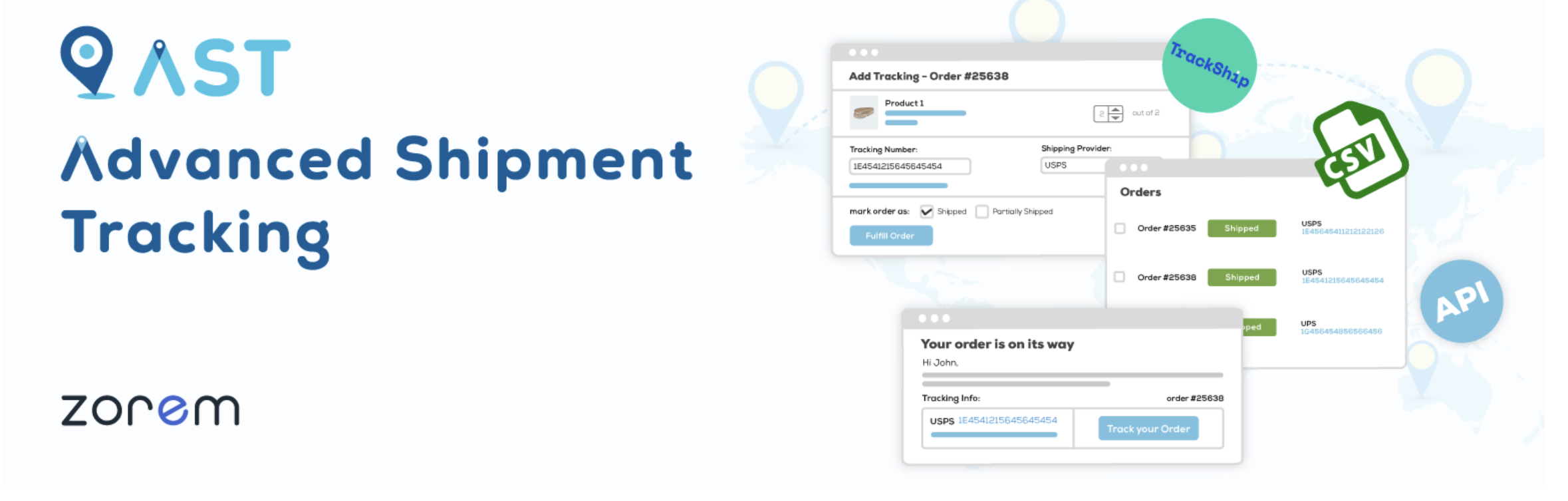 WooCommerce shipment tracking: Banner for Advanced Shipment Tracking by Zorem, showing interface screenshots with tracking forms, order details, and icons for CSV and API integration.